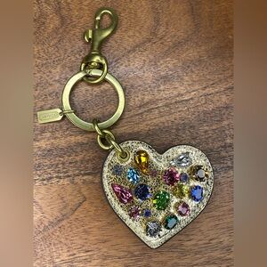 COACH Gold Metallic Leather Heart with Multi Color Jewel Cut Crystals Bag Charm